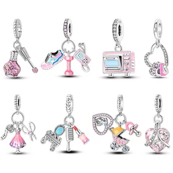 Hot Sale 925 Silver Dumbbell Stroller Oven Lipstick Pink Charms Pendant Fit 3mm 925 Original Bracelets Fine DIY Jewelry Gift