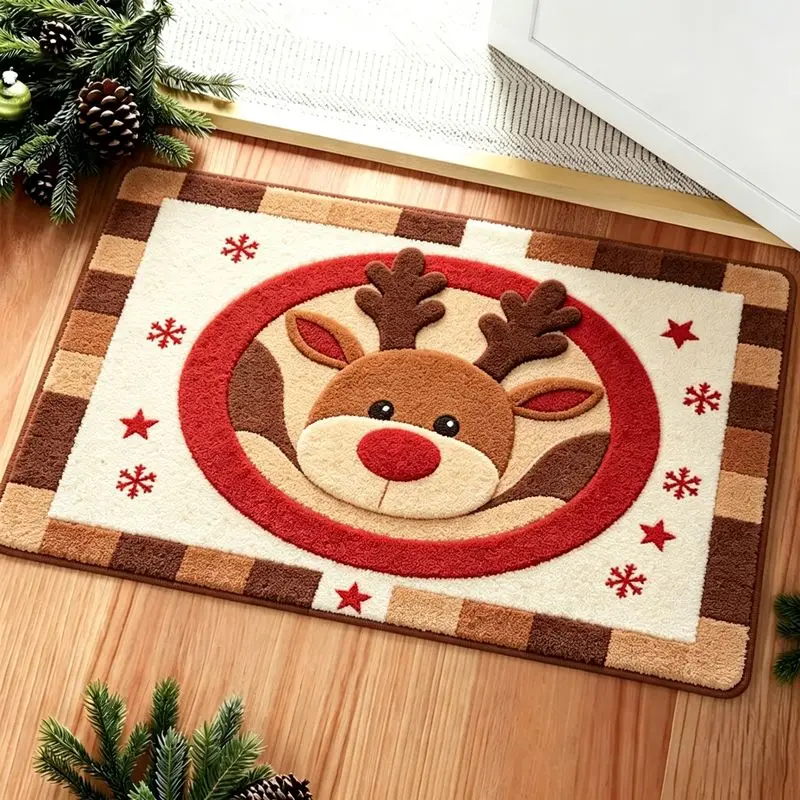 VIKAMA Christmas Reindeer Doormat Plaid Border Red Circle Rudolph Welcome Mat Non Slip Soft Flannel Floor Rug for Front Door
