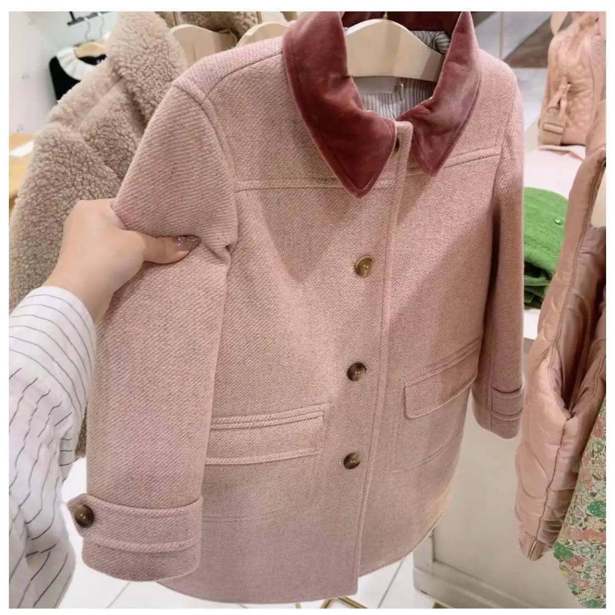 Girls' Coat 2025 Winter New Arrival Pink Fashion Collar Thickened Warm Children's Jacket Cotton Long Wool Coat Kids' Clothing