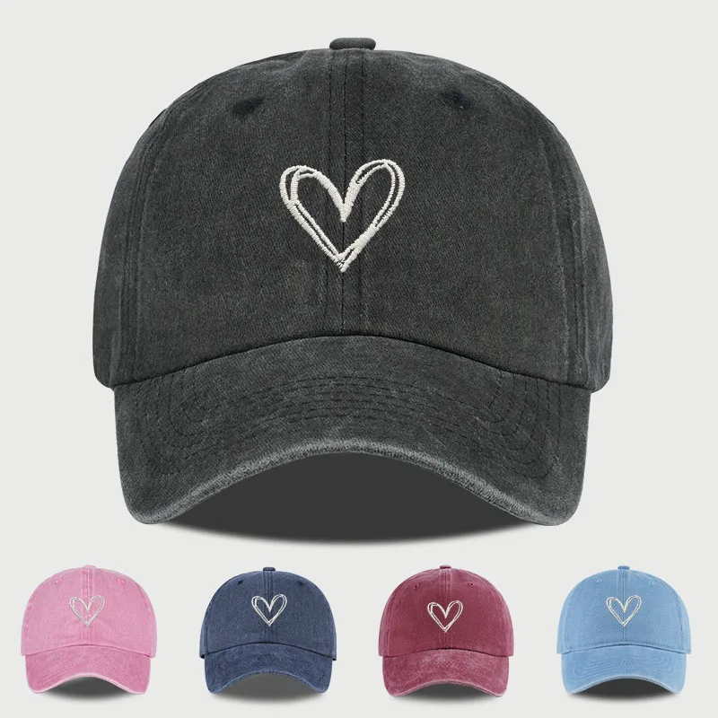 Y2K-Style Baseballkappe mit Herz-Stickerei |   Vintage Washed Distressed Dad Cap |   Atmungsaktiver, verstellbarer Sonnenhut |   Alltagsstil C