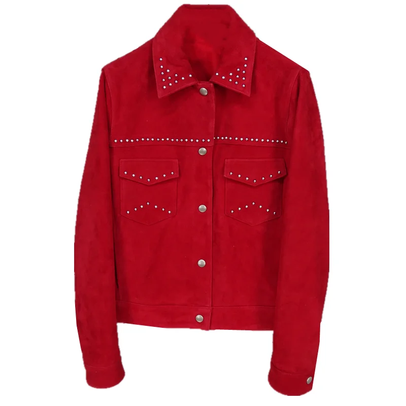 Modello in denim con rivetti, modello da donna in pelle di pecora opaca importata dall'Italia