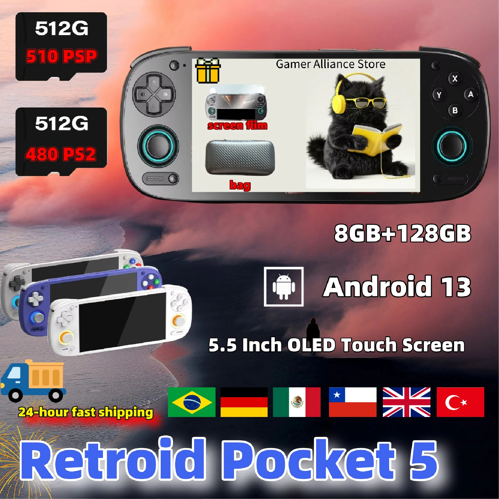 Retroid Pocket 5 Retro Handheld Game Console Video Game Consoles RP5 SD865 8+128G 5.5 Inch OLED Touch Screen Android13 PSP PS2