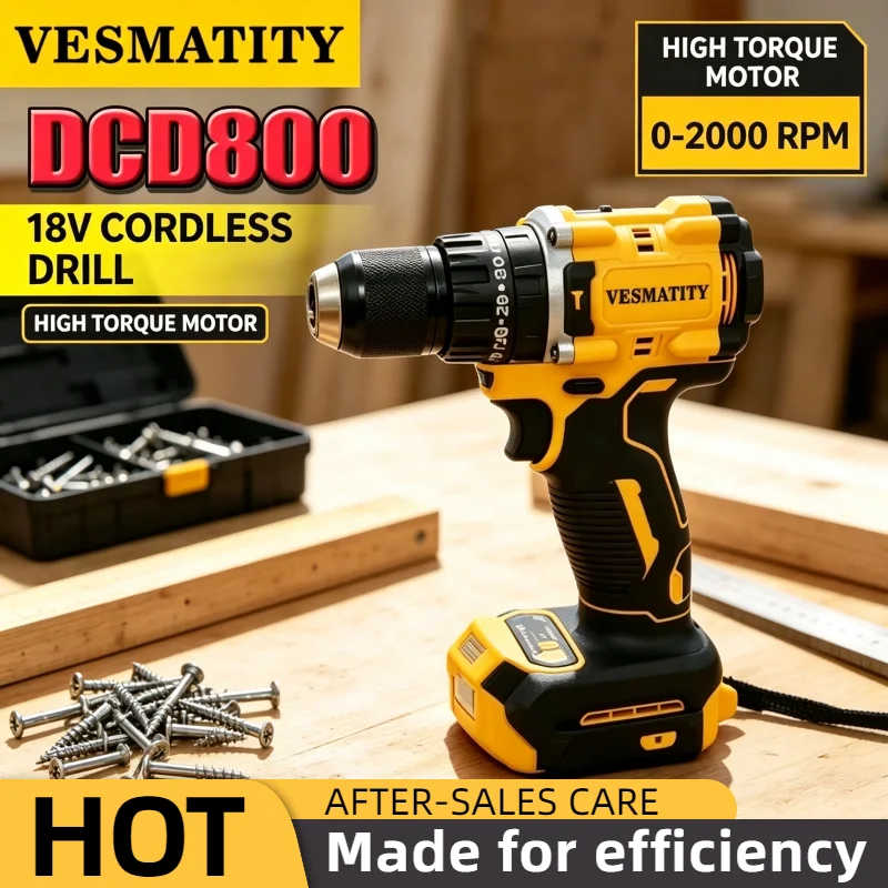 Vesmatity DCD800 20V Brushless Compact Drill Driver 90Nm Torque 2 Speed Cordless Power Tool for Home Workshop Pro