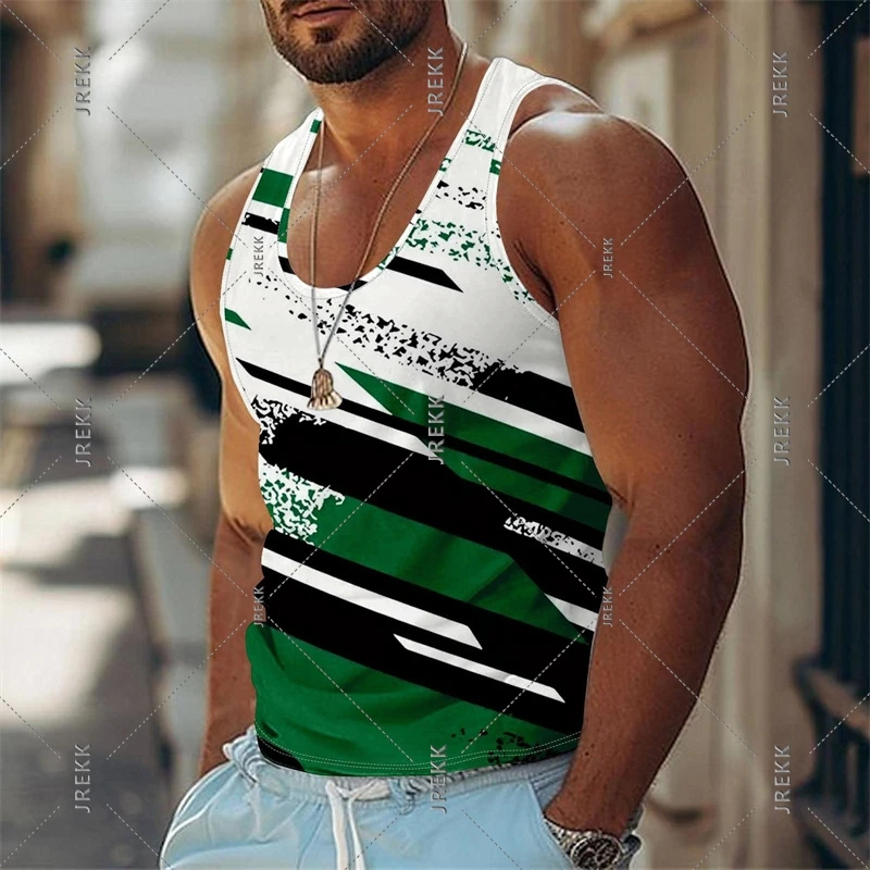 Summer Gym Sport Breathable Tee Top Graffiti Stripe Print Tank Top For Men's Clothes Streetwear Classic Fashion Basketball Vest
