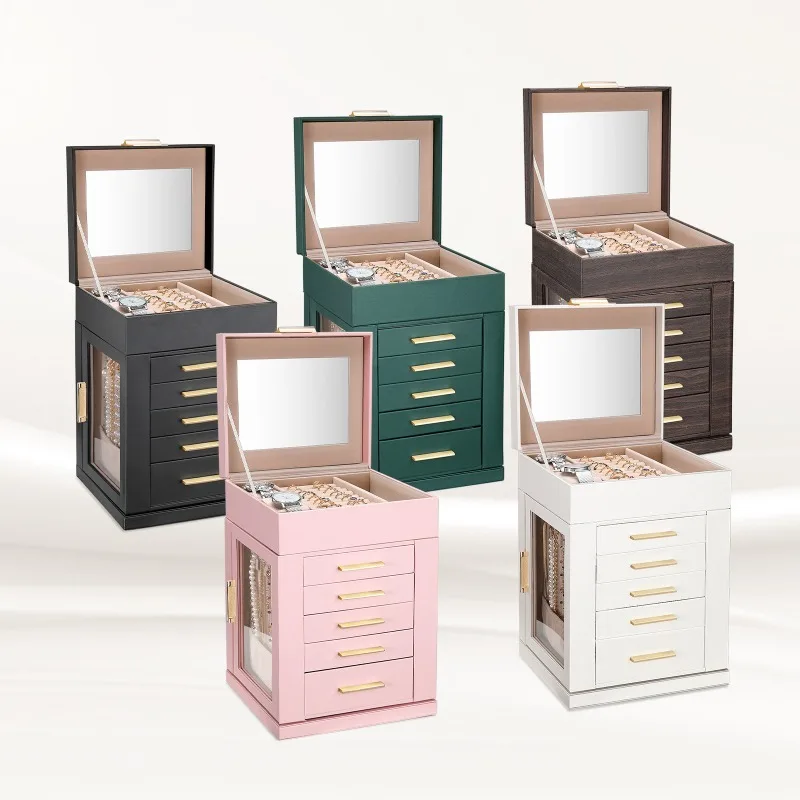 Leather Jewelry Box Luxury Ring Earring Storage Boxes Large Rotating Necklace Bracelet Display Case Jewellery Organizer Supplies