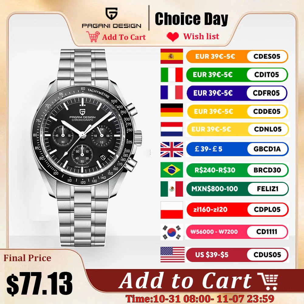 

PAGANI DESIGN Men's Watches 2023 Top Brand Quartz Chronograph Automatic Watch For Men Sport Stainless Steel Luminous Waterproof