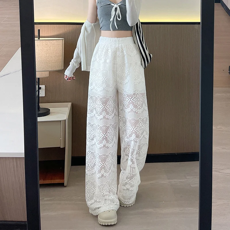 Korean Style Air-conditioned Pants Women Hollowed Out Lace Carving Casual Pants Summer New Versatile Straight Wide Leg Pants