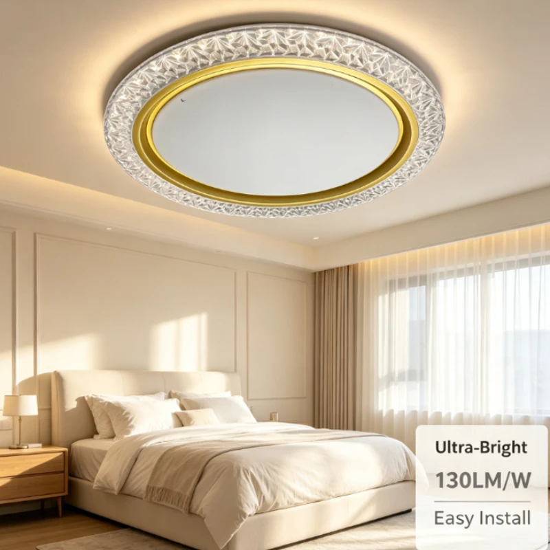 Modern Led Ceiling Light Round Fixture With Gold Ring And Crystal Texture For Living Room Bedroom Elegant Home Lighting Decor