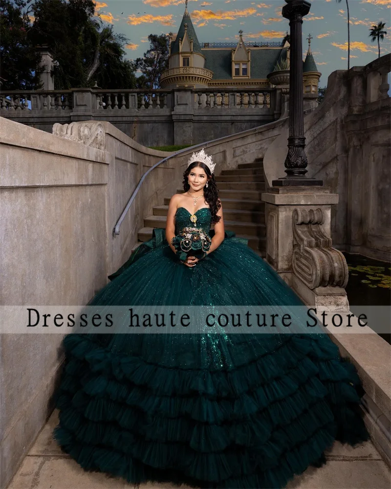 Personalizado verde esmeralda tule com arco quinceanera vestidos de baile 2025 apliques de cristal doce 16 vestido espartilho vestidos de festa