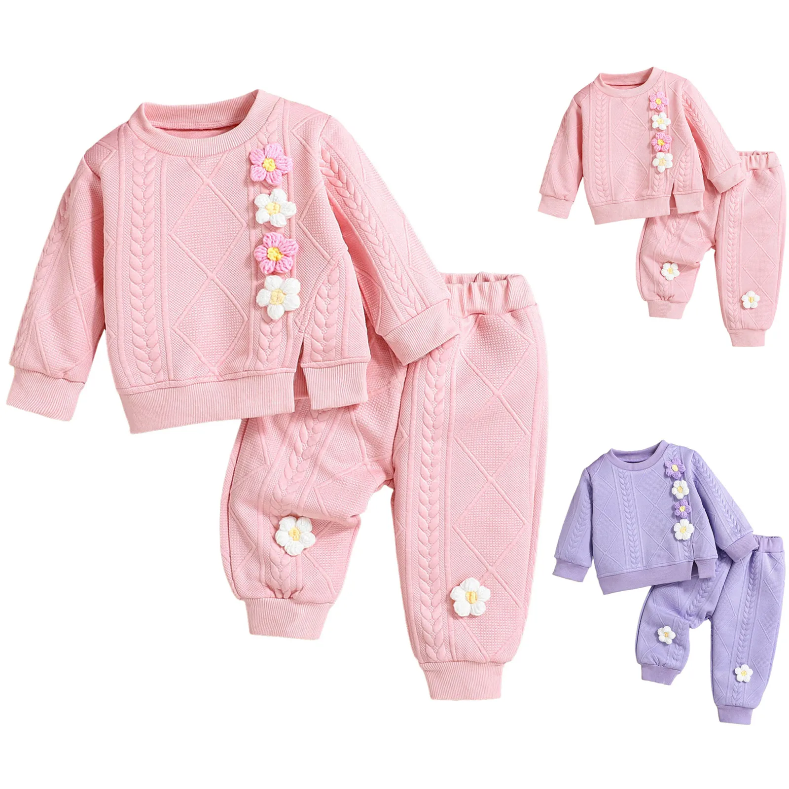 

Girls Two Piece Outfit Set Floral Embellished Casual Sweatshirt Matching Sweatpants Set Soft Comfortable Little Girls Clothing
