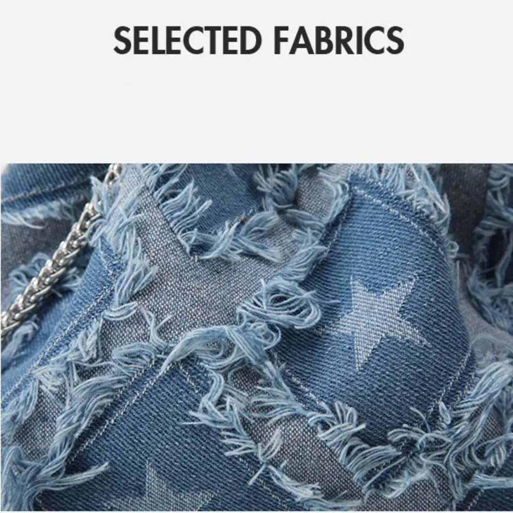 

Tassel Star Denim Bucket Bag Drawstring Handbag Metal Chain Crossbody Bag Rhinestone Korean Style Cloth Shoulder Bag Party