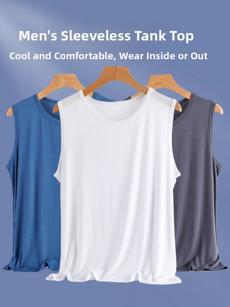 Large Size Men's Thin Modal Tank Top Summer Loose round Neck Sleeveless Crossbar Sweatshirt Versatile Outerwear for Men