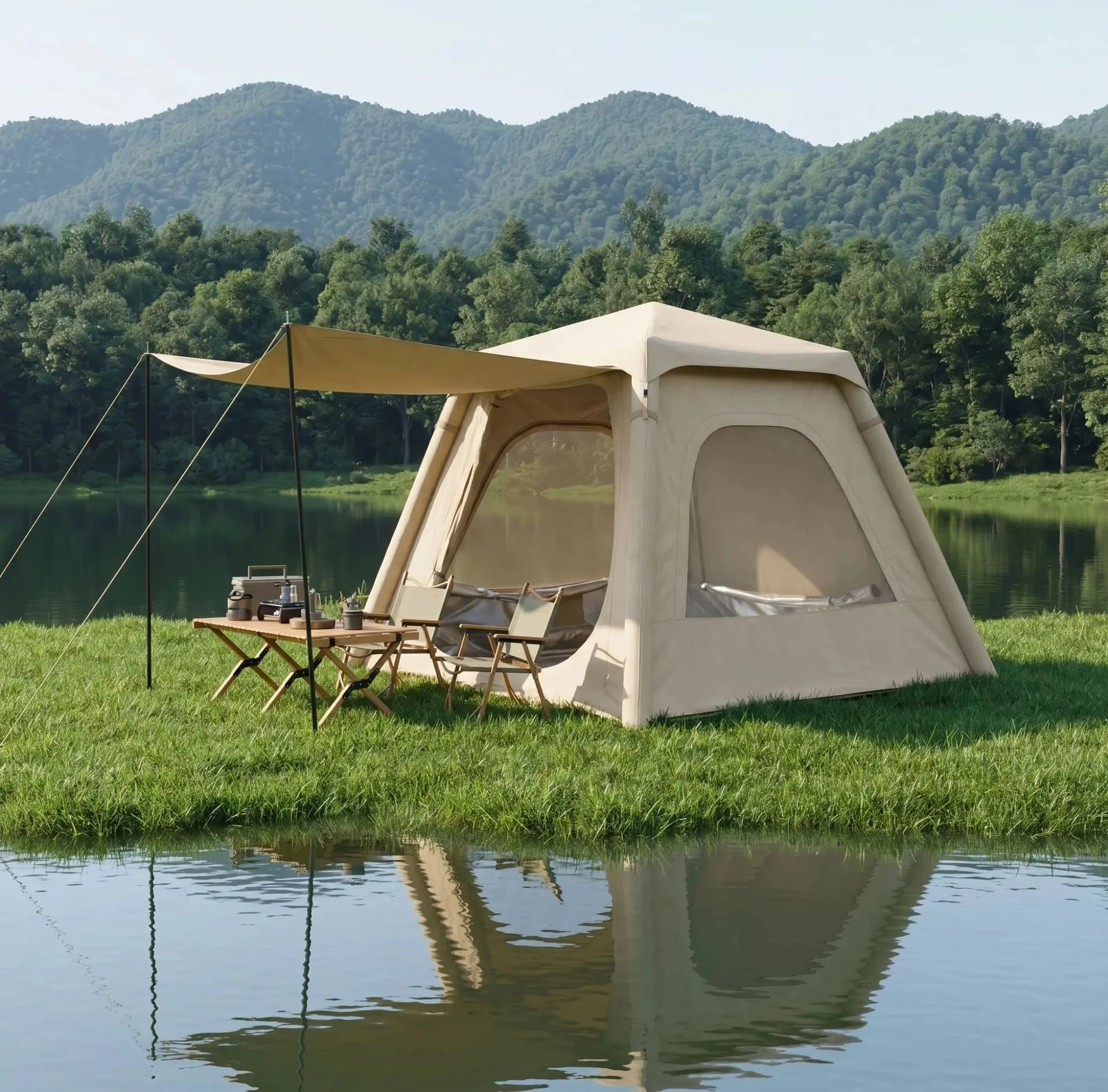 Instant Build Integrated Inflatable Tent for Wild Camping, Sun Shade Waterproof Portable Outdoor Overnight Shelter