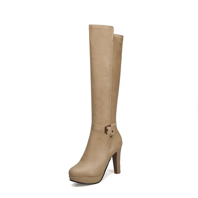 Nude Brown Color Mature Elegant Woman Shoes Winter High Heels Round Toe Platform Knee High Slim Boots Buckle Belt Designer Boot