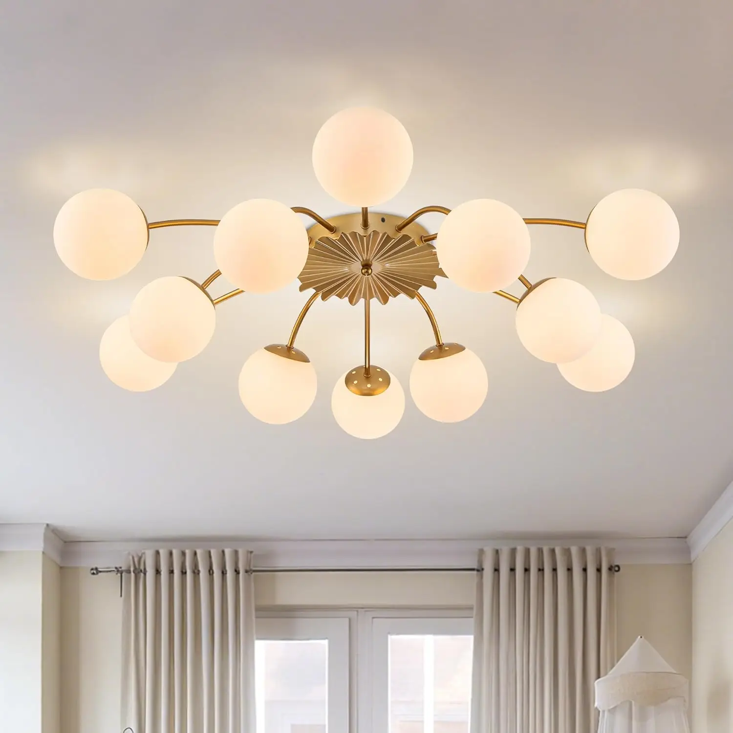 

12-Light Gold White Sputnik Chandelier Flush Mount Ceiling Lights with Blossom Accent Opal Glass Bubble Starburst Fixture