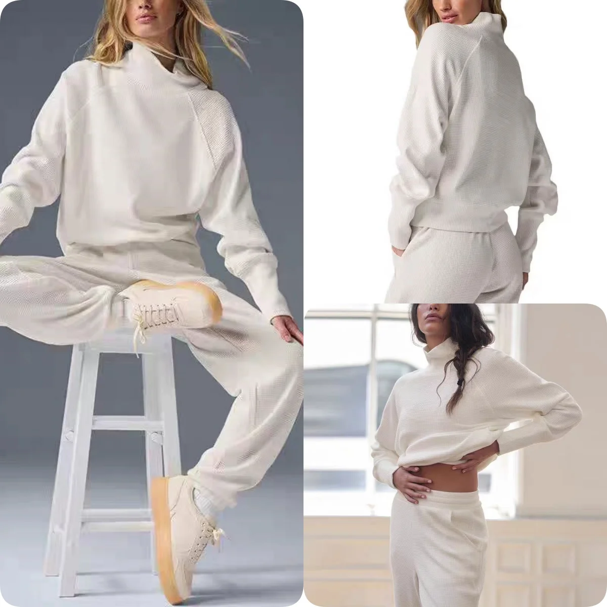 

@LO Pullover sweater Waffle Set Weekend Escape Simulated neck Long sleeve jogging shorts Sport Soft warm comfort tracksuit set