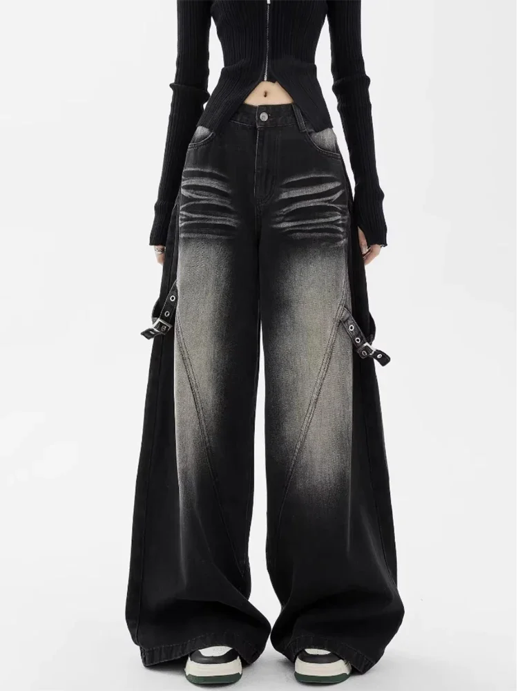 

Y2K Black Women's Jeans Fashion Streetwear Casual Vintage Baggy Straight 2025 NEW Printing Denim Trouser Mom Wide Leg Pants