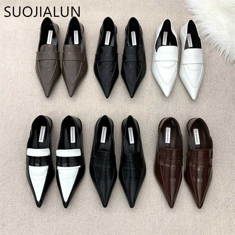 SUOJIALUN 2023 Autumn Women Flat Shoes Fashion Pointed Toe Slip On Ladies Laofer Shoes Soft Sole Flat Heel Casual Ballerinas Sho