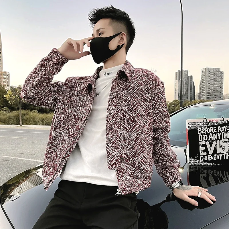 

Trendy Men's Casual Jacket With Print Pattern Zipper Front Loose Fit Turn Down Collar Lightweight Spring Autumn Outerwear