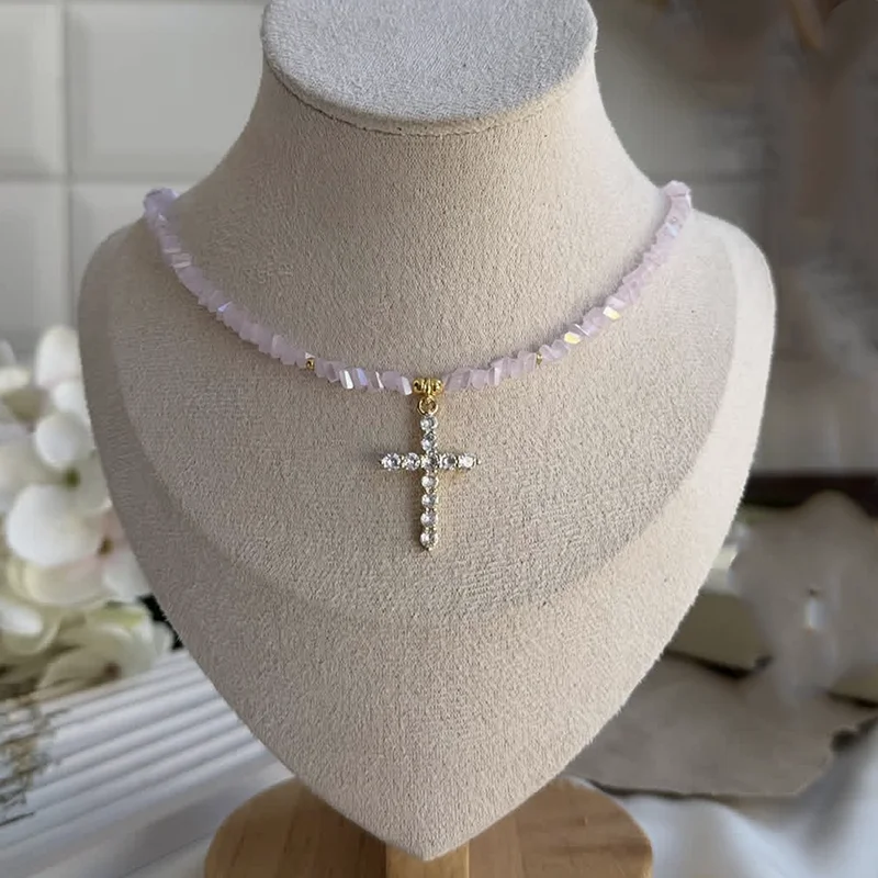 Boho Geometric Transparent Crystal Chain Jewelry Fashion Sexy Zircon Cross Pendant Necklace For Women Gift Neelry N0558