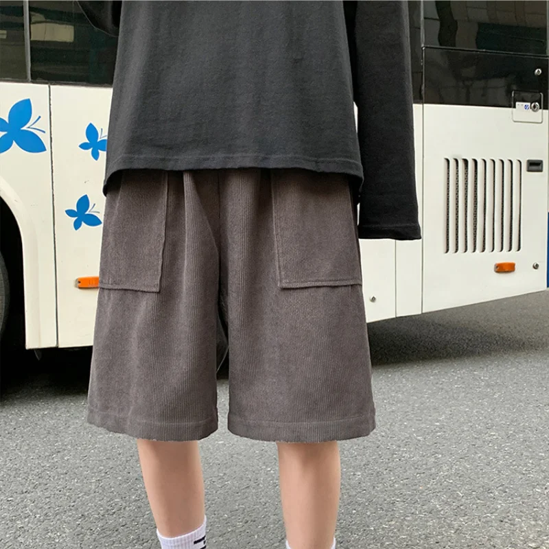 Khaki Corduroy Shorts Oversized Loose Five-quarter Pants Summer Korean Fashion Wide-leg Pants Hip-hop Bottoms For Men And Women