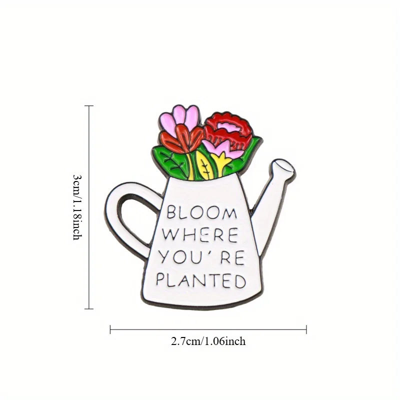 دبوس نمو ملهم — علبة سقي بيضاء مع زهور، "زهر أين أنت نباتي،" تحث النمو في مكان واحد. #5