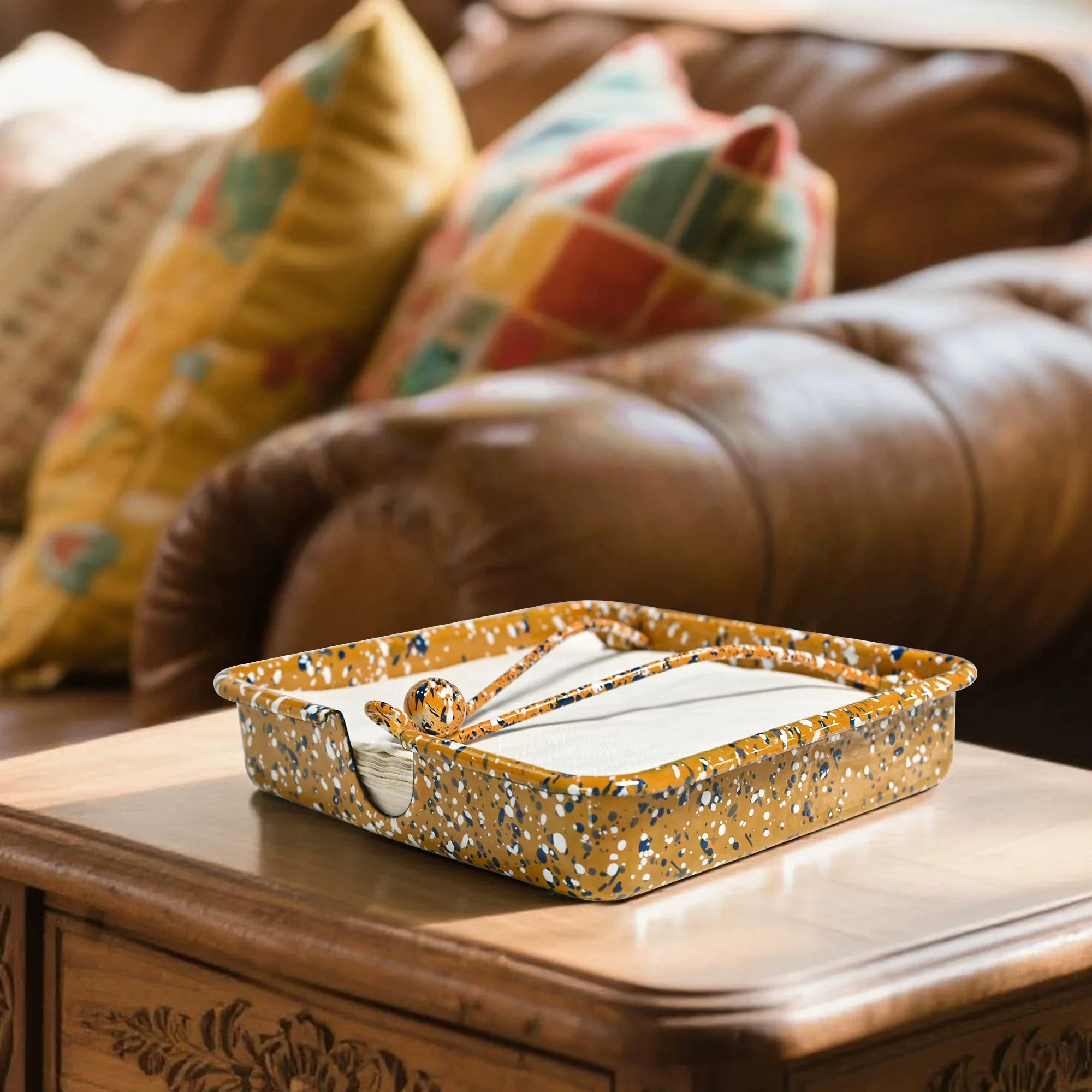 Creativity Enamel Splashed Ink Tissue Box Retro Enamel Two-color Tissue Holder Living Room Dining Table Napkin Holder Ornament