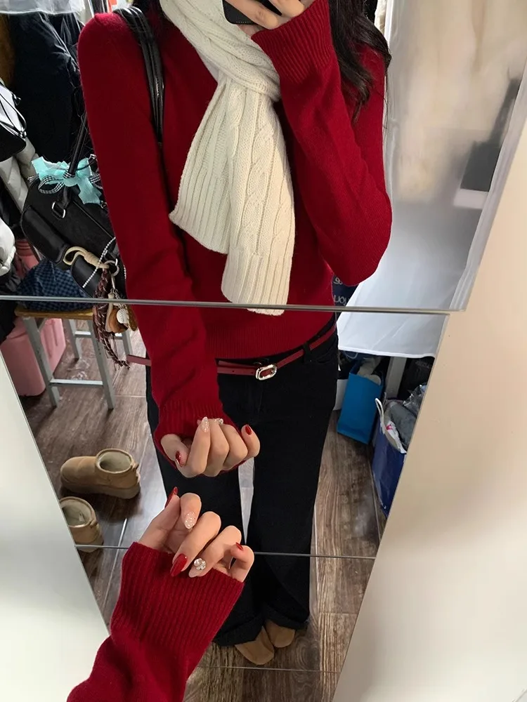 

Red V-Ne Knitted Sweater ort Sve Long Sve Lazy Sle Women's Autumn Winter Cisas New Year's Inner Wear Base Top