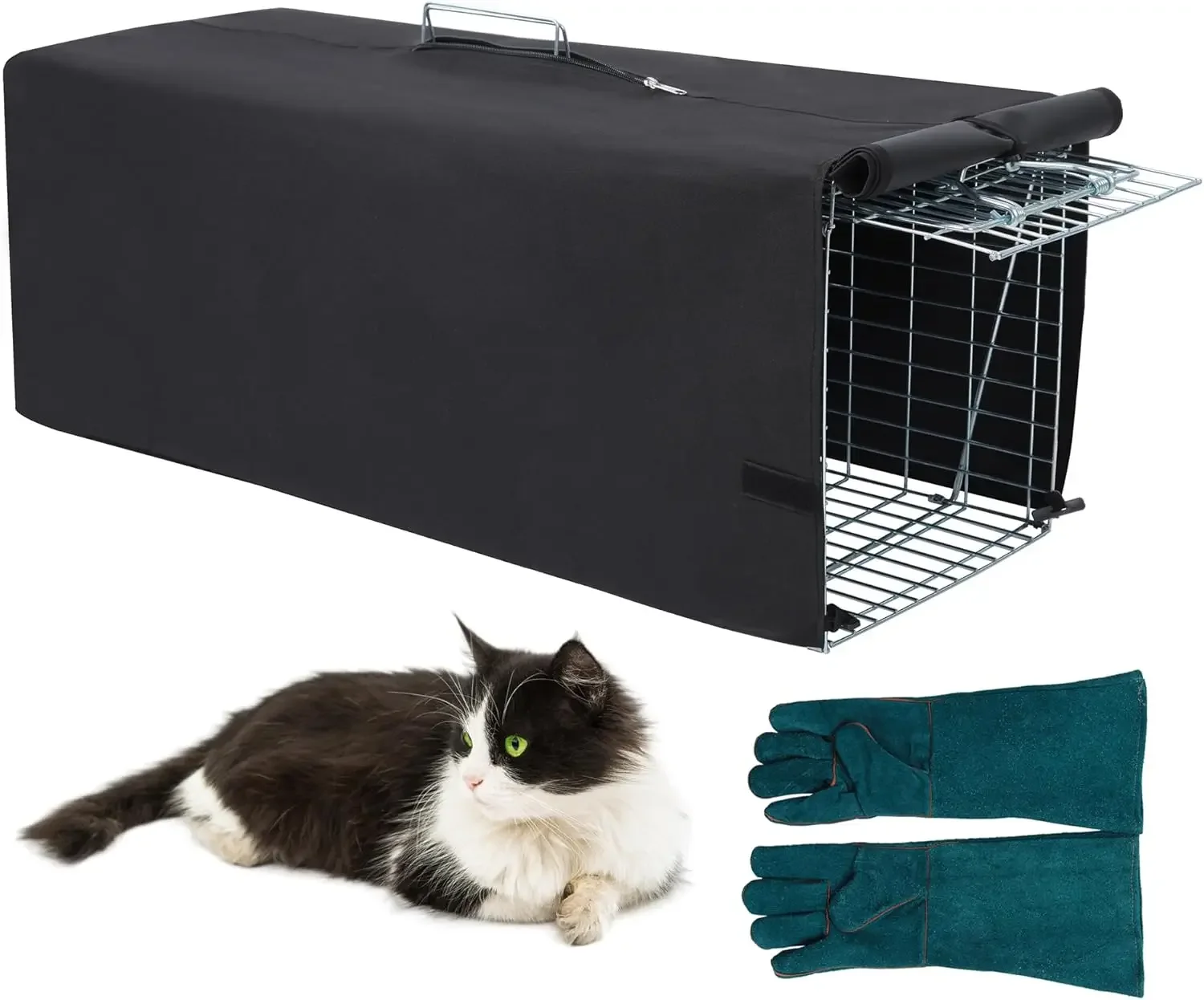 

Heavy Duty Live Animal Trap Cage 32x10x12 inch with Cover & Gloves for Cats, Raccoons, Squirrels, Skunk - Humane Catch and Release