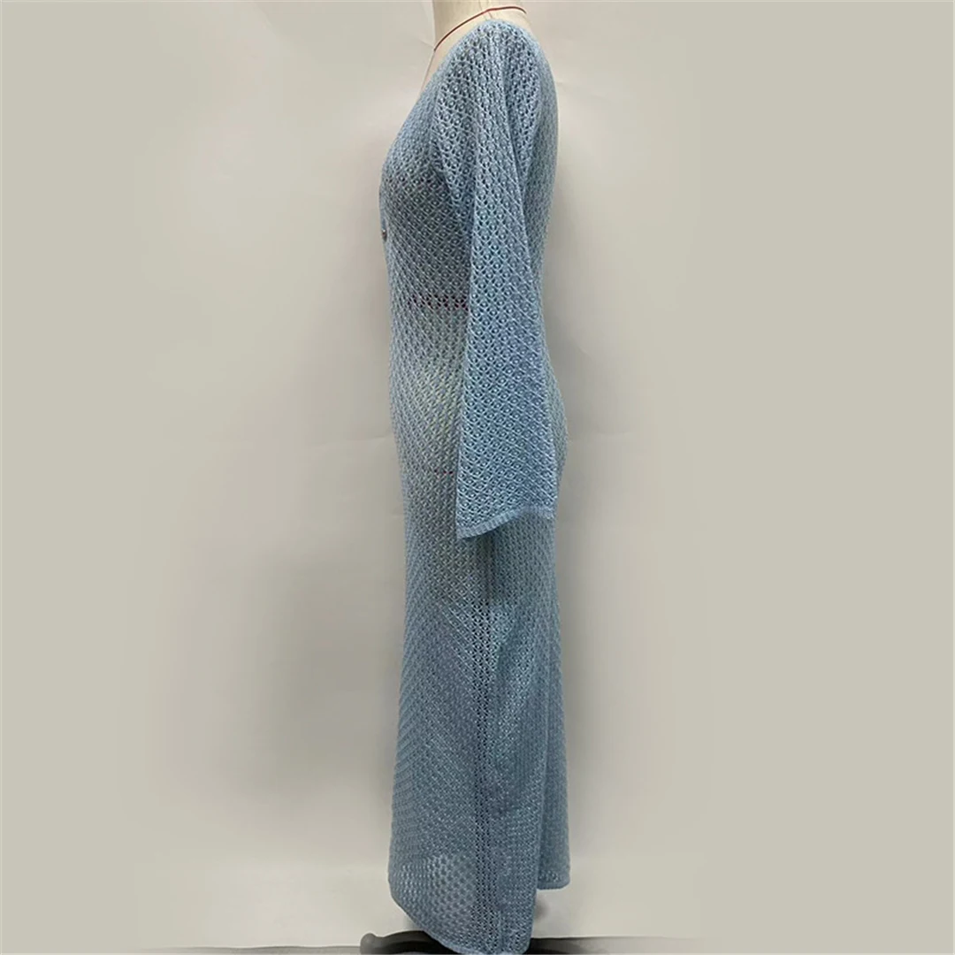 8 Farben, V-Ausschnitt, langärmeliges, gehäkeltes, gestricktes Tunika-Strandkleid, Strandmode, Strandbekleidung, Strand-Cover-up, Damen, V5046 – Detail 19