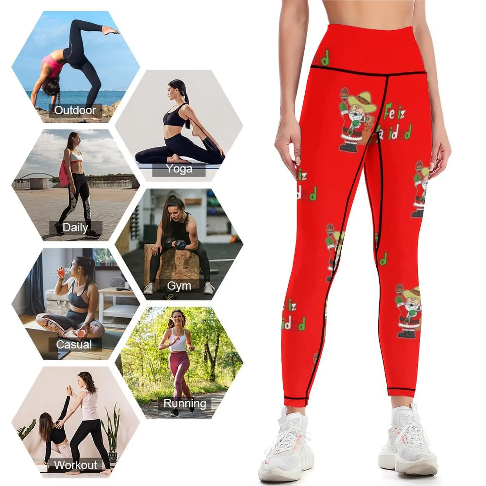 Feliz Navidad Santa Cartoon With Sombrero And Maracas Leggings Tight fitting woman Sports pants for high waist Womens Leggings