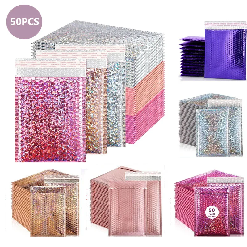 50Pcs Small Business Supplies Holographic Shipping Bags Multicolor Laser Packing Bag Bubble Envelope Packaging Mailing Office