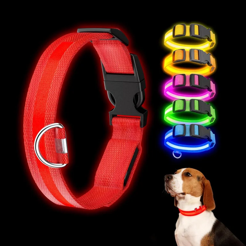 LED Dog Collar Rechargeable Waterproof Reflective Light Up for Night Walking USB Charging Small Medium Large Dogs Medium Red