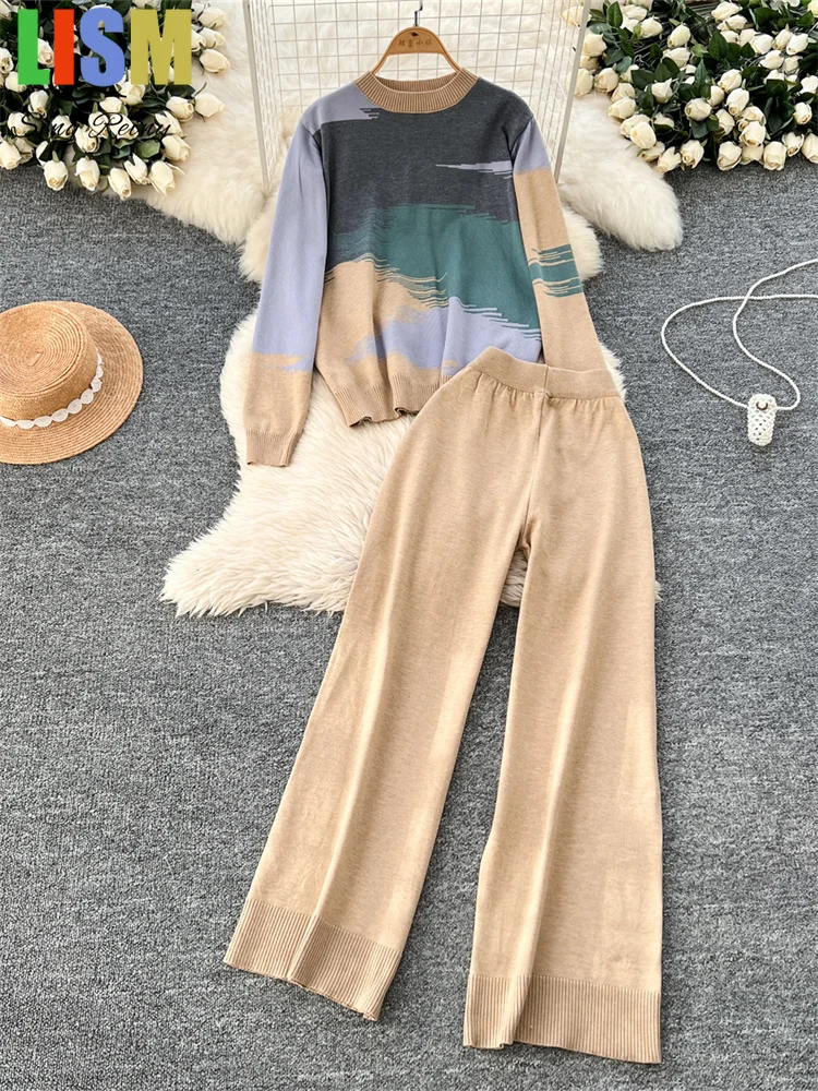 

LISM Women's tracksuit Knitwear Two Pieces Suit Art Print Warm Pullover+Wide Legs Pants Women Winter Casual Loose Sweater Sets