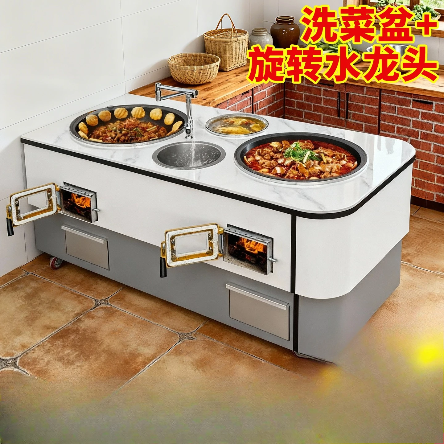 Wood stove for household use, firewood burning, high-end sintered stone double-pot stove, mobile pot stove 6