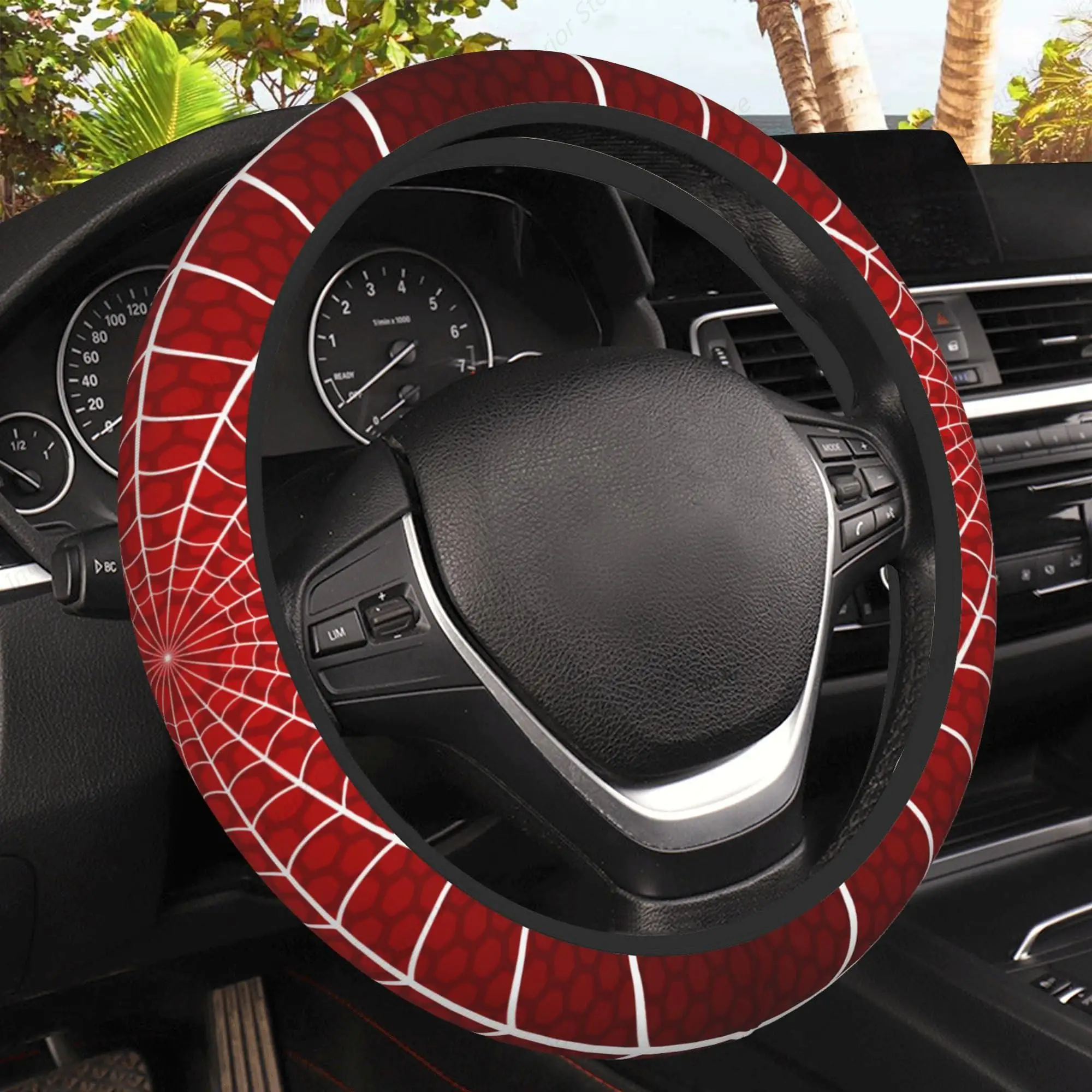 Red Spider Web Cobweb Car Steering Wheel Cover, Non-Slip Absorbing Sweat Car Wheel Cover Accessories for Men Women Universal