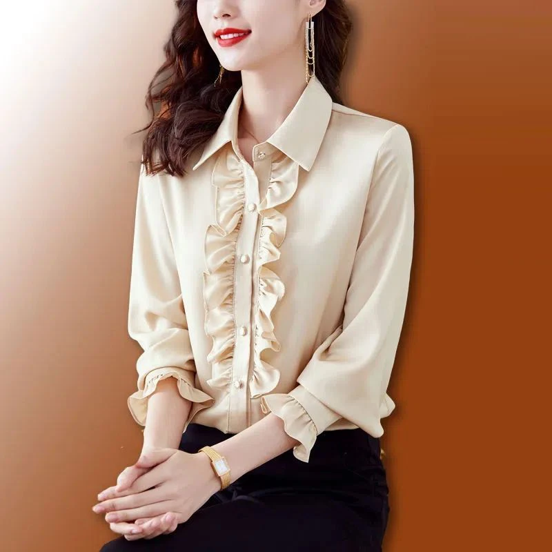 Women\'s Korean Fashion Ruffle Elegant Button Up Shirt Spring Autumn Office Lady Casual Blouse Long Sleeve Solid Slim Tops Blusas