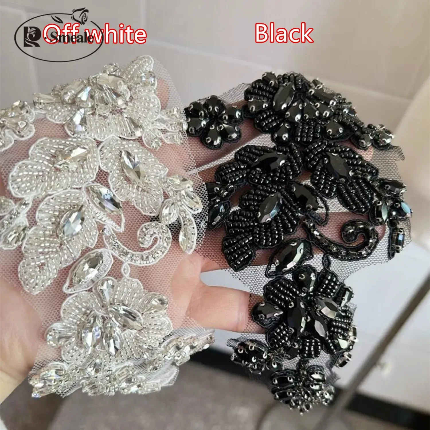 1 para ręcznie szyte szklane wiertło lustrzane kwiaty musujące Rhinestone kwiaty płaszcze pasy ramiona suknia ślubna DIY łatka RS4208