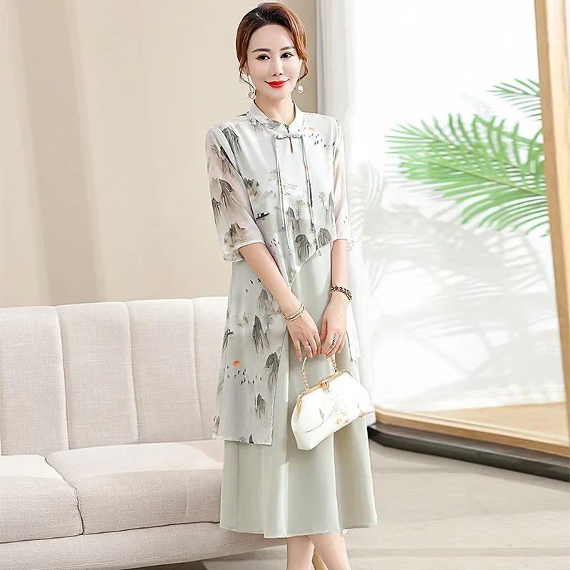 

Chinese Style Print Qipao Mid Long Chesongam Summer Autumn Vestidos Lady Elegant Mandarin Collar Dresses Big size 4Xl 5Xl