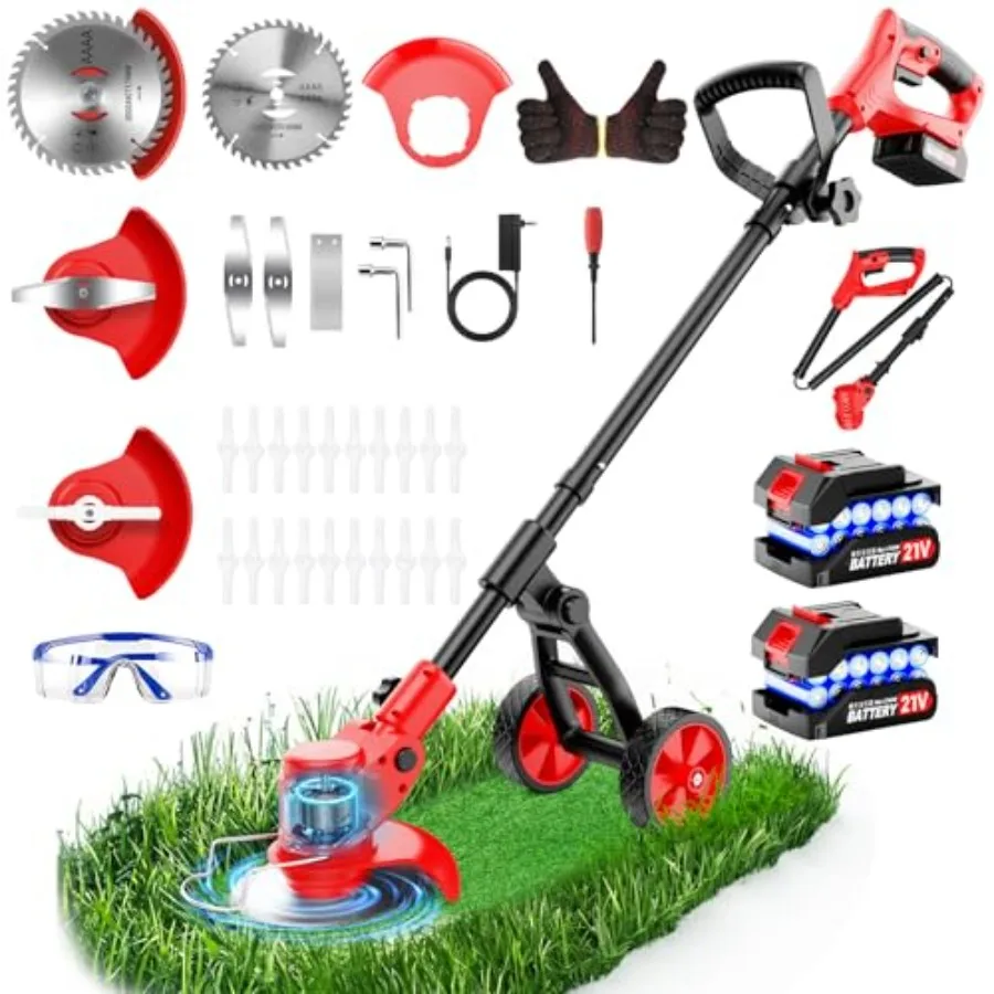 Electric Weed Wacker Cordless, 4000mAh Weed Eater Battery Powered with Wheel, 4 in 1 Grass Trimmer/Heavy Duty Brush Cutter/Lawn