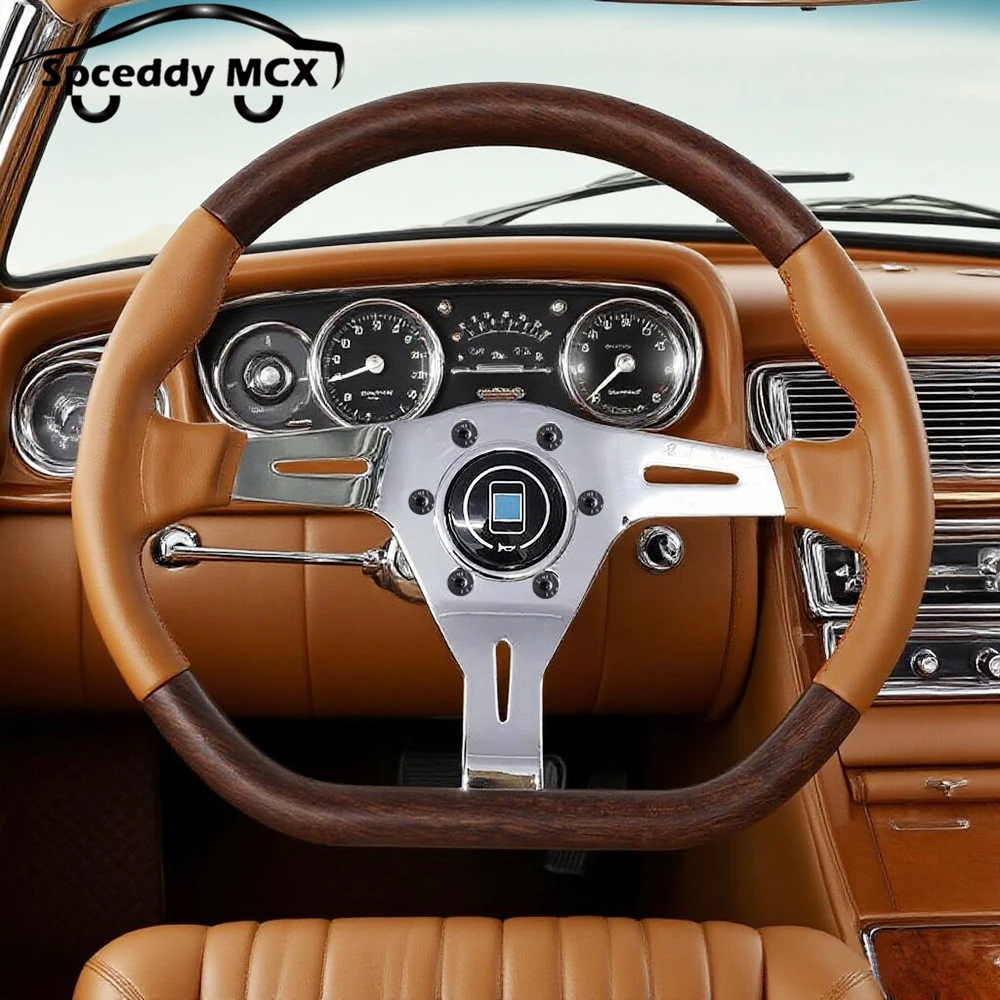 14inch 350mm D Shape Elliptical New Car Sports Steering Wheel Polishing Electroplating Spoke Wood Look Grip Brown Leather