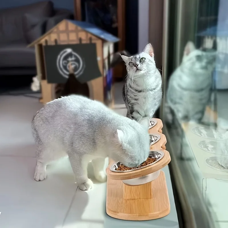 Приподнятая миска для кошек, степень 15, наклонные поднятые миски для кошачьего корма с деревянной подставкой и 3 мисками из нержавеющей стали для кормления домашних животных для кошек, щенков