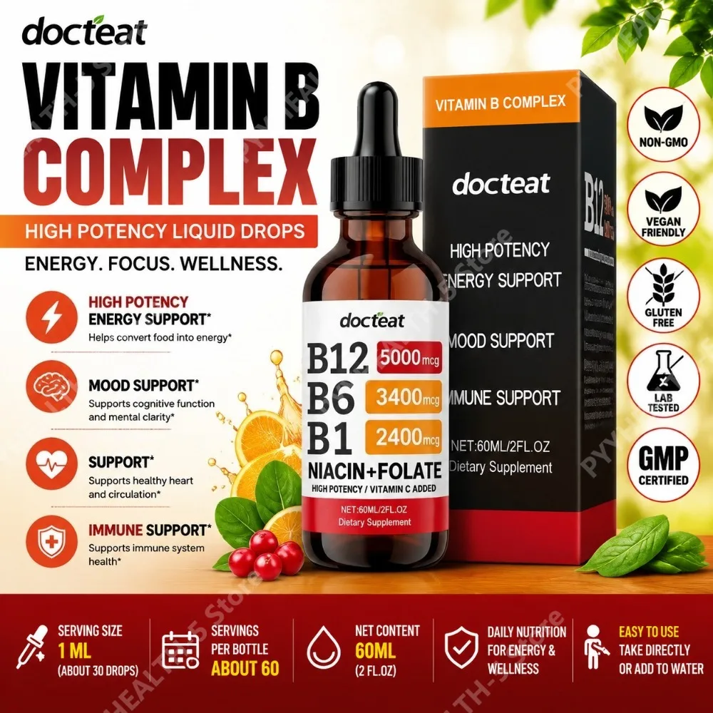 Docteat Vitamin B Complex Drops High Potency Liquid B12 B6 B1 Energy and Brain & Mood Support for Adults 60ml