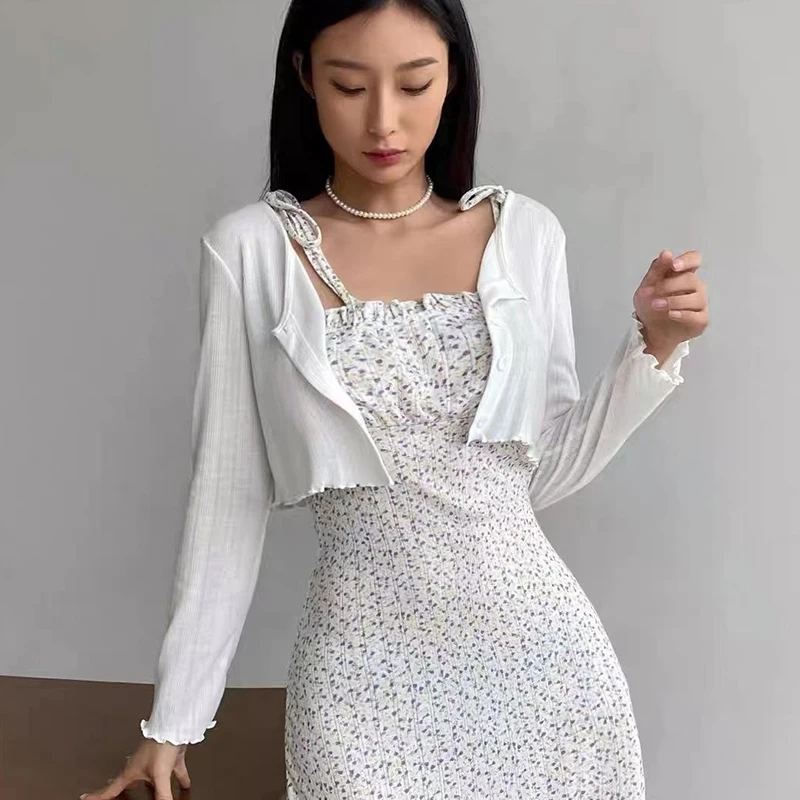 2024 Summer Solid Color Thin Cardigan Women All Match Long Sleeve Sun Protection Cardigan Woman Korean Style Lace Up Crop Top