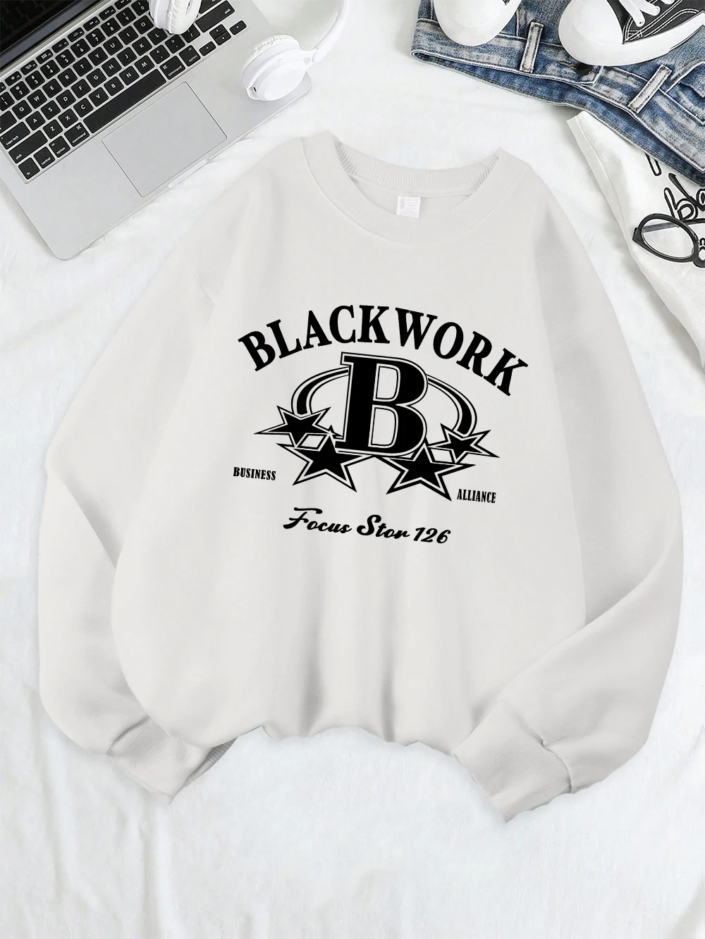 أسود العمل التركيز ستار 126 يطبع البلوز المرأة فضفاضة كل مباراة هوديي الصوف الدافئة Crewneck القمم الشتاء ملابس مريحة