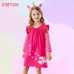 DXTON Unicorn Toddlers Girls Dress Stripe Long Sleeve Winter Children Dress Applique Star Kids Cartoon Costume Flare Baby Dress