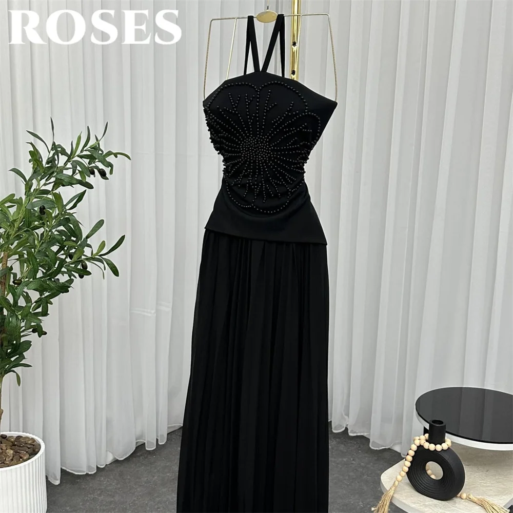 장미 블랙 긴 파티 드레스 비치 스파게티 스트랩 나이트 드레스 민소매 주름 구슬 연예인 드레스 여성을위한 맞춤형
