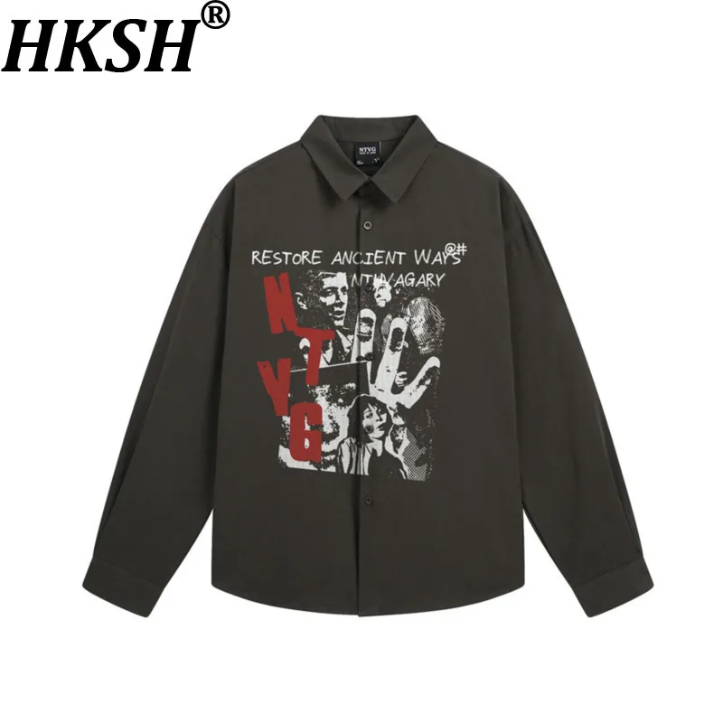 HKSH Cartoon Character Print Loose Long-sleeve Shirt Spring Autumn New Trend Casual Turn-down Collar Shirts American Y2K HK27555