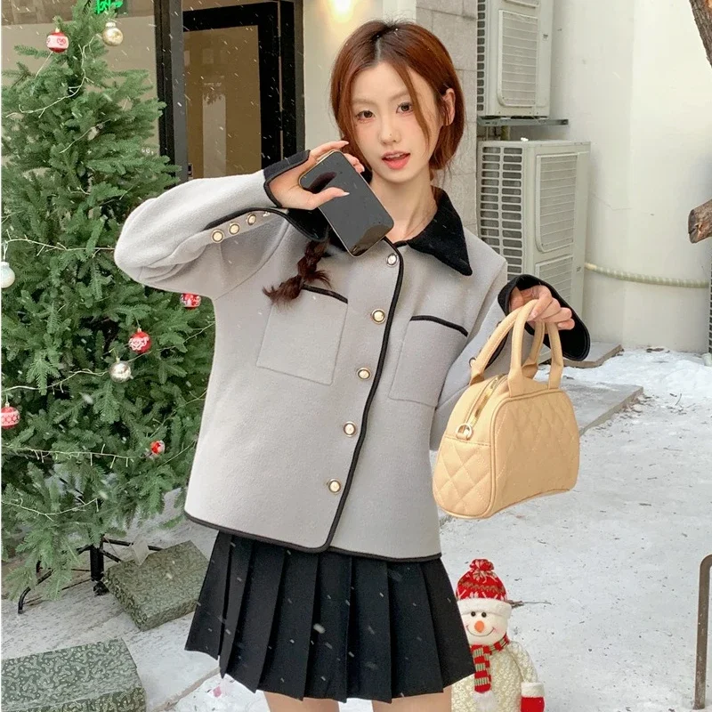 Color Collision Polo-neck Jackets Women Single Breasted Long Sleeve Office Lady Short Coat Korean Versatile Outerwear Female