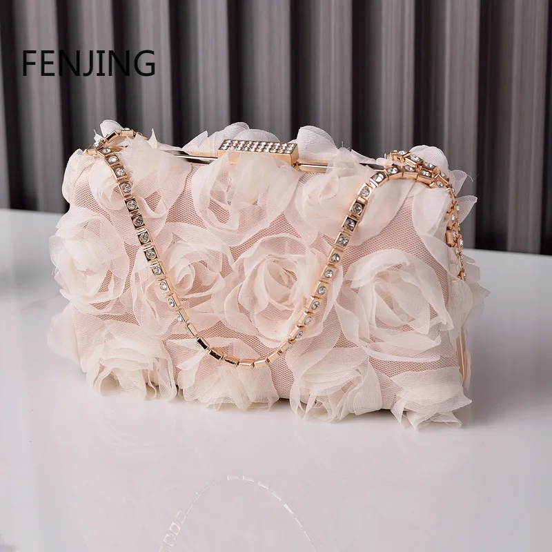 Chiffon Flower Evening Bag Champagne Lady Cheongsam Bag Handmade Dress Bag Rhinestones Chain Handle Handbags Women Clutch Purse